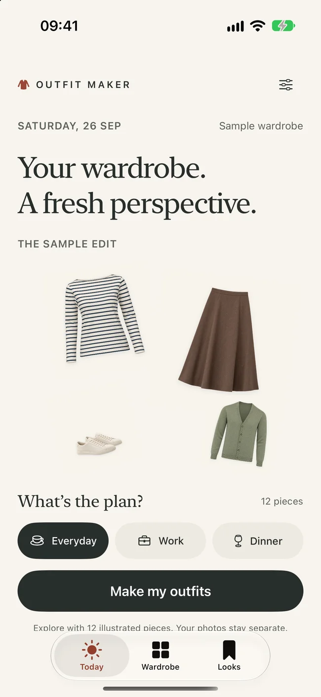 Outfit Maker app showing its sample wardrobe, a daily outfit and occasion choices
