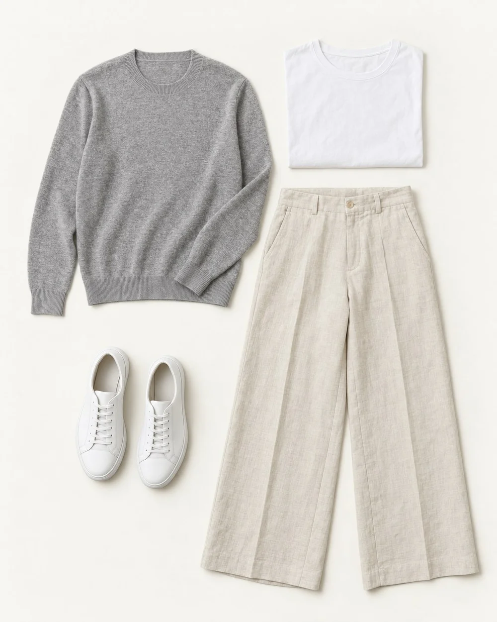 An illustrative still life: a grey cashmere crew-neck, a white cotton tee, ecru linen wide trousers and white leather sneakers.