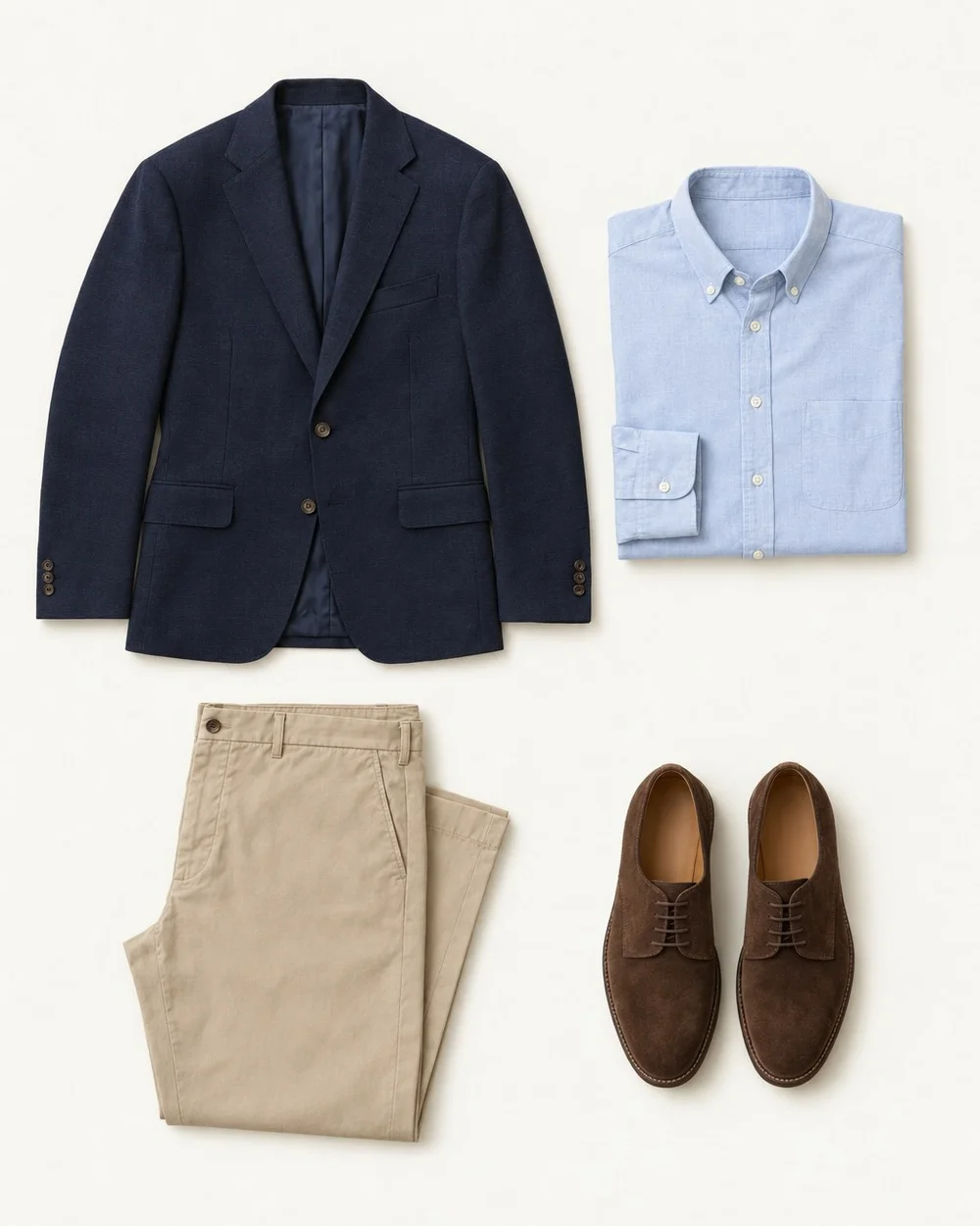 An illustrative still life: a navy wool blazer, a light blue oxford shirt, beige chinos and brown suede derbies.