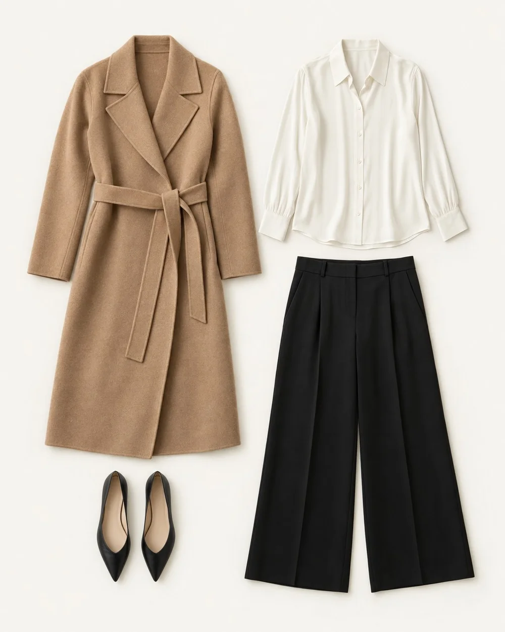 A considered work outfit: camel coat, ivory blouse, tailored trousers and pointed flats