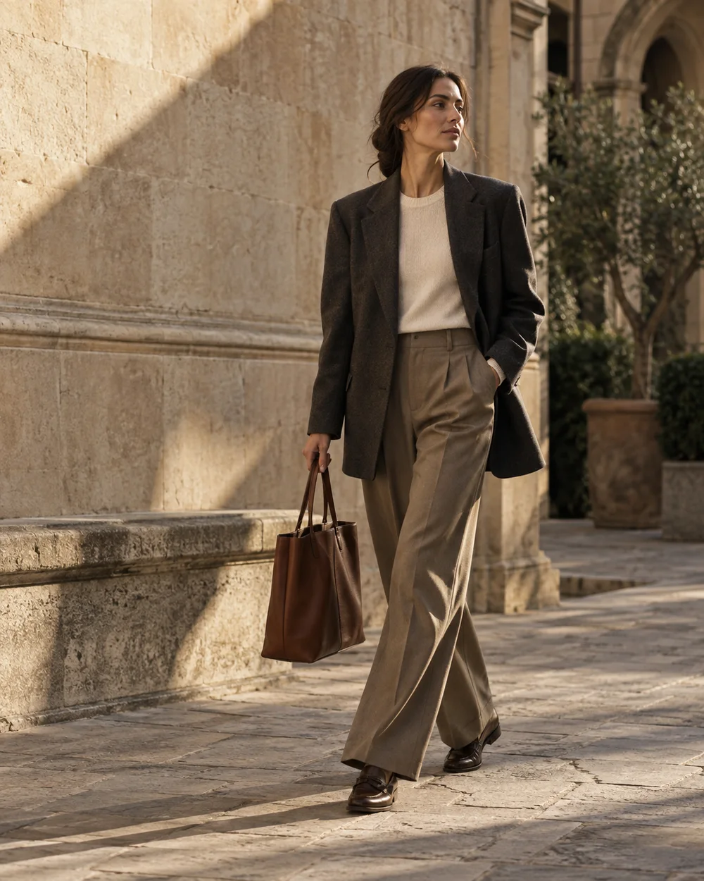 A charcoal blazer, ivory knit and tailored trousers, worn with easy confidence in a sunlit stone courtyard