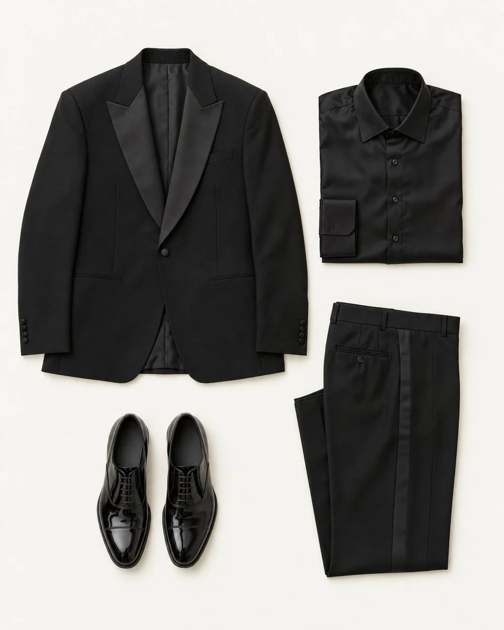 An illustrative still life: a black tuxedo jacket, a black silk shirt, black tailored trousers and black patent oxfords.