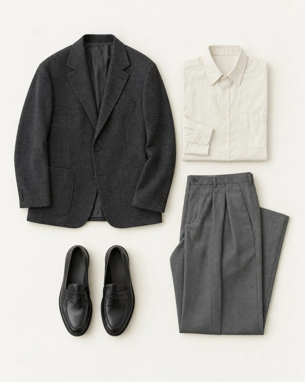 An illustrative still life: a charcoal unstructured blazer, an ecru cotton shirt, mid-grey pleated trousers and black leather loafers.