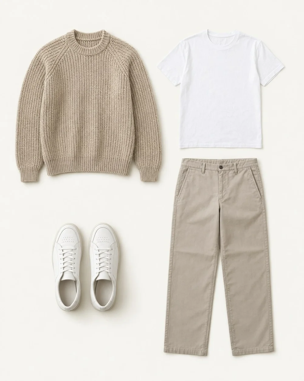 An illustrative still life: an oatmeal chunky knit, a white cotton tee, stone straight trousers and white leather sneakers.