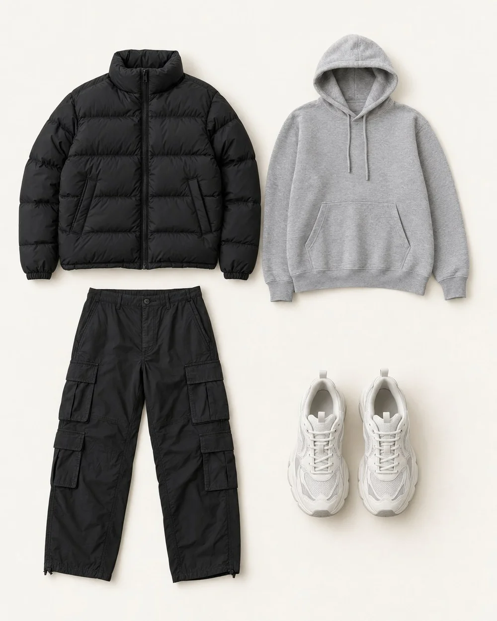 An illustrative still life: a black nylon puffer jacket, a heather grey hoodie, black cargo trousers and chunky white sneakers.