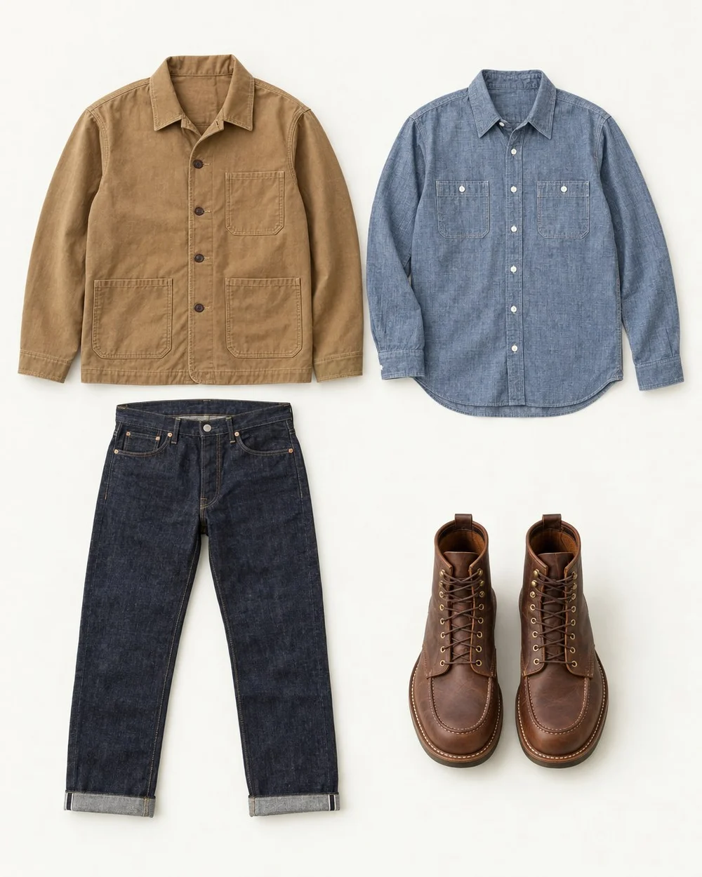 An illustrative still life: a tan chore jacket, a chambray work shirt, indigo selvedge jeans and brown leather work boots.