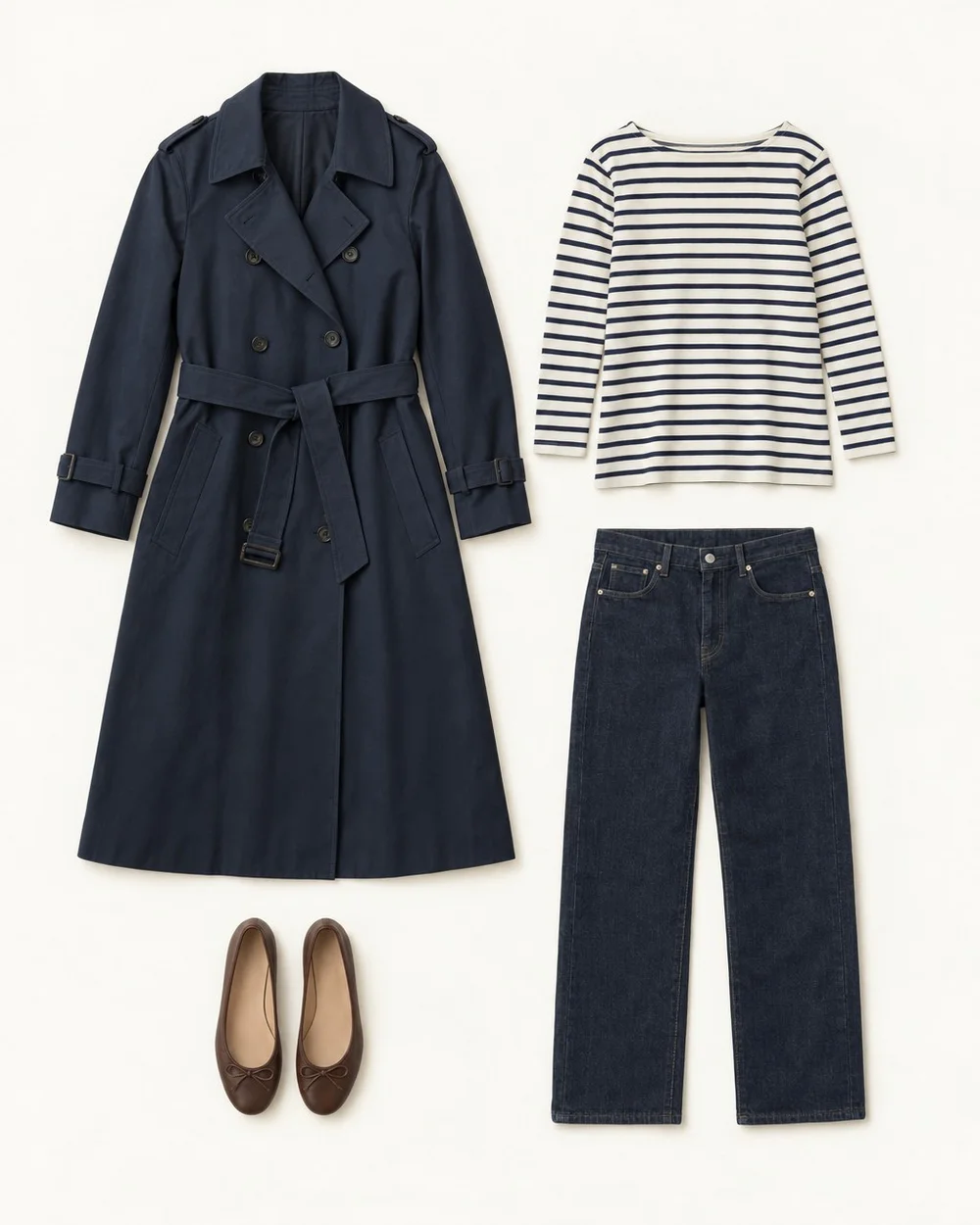 An illustrative still life: a navy trench coat, a Breton striped top, dark straight jeans and brown leather ballet flats.