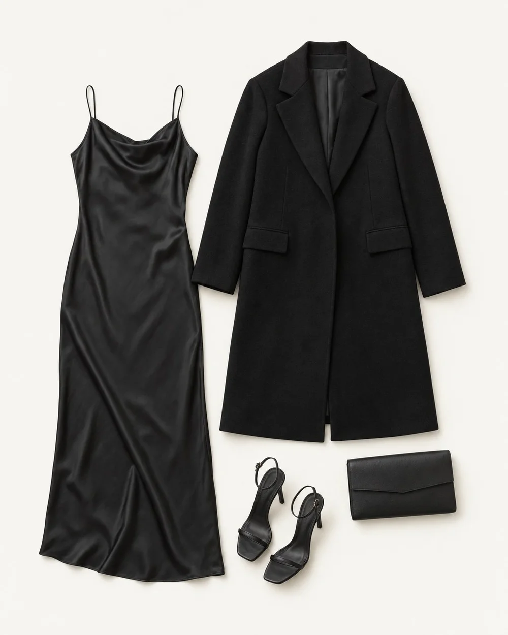 An illustrative still life: a black satin slip dress, a black tailored coat, a small black clutch and black heeled sandals.