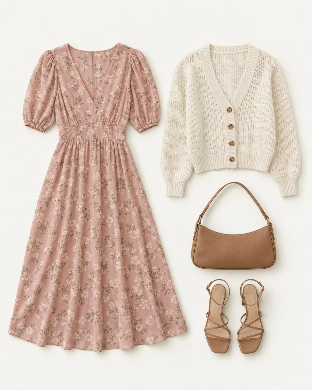An illustrative still life: a dusty pink floral midi dress, a cream knitted cardigan, a small tan shoulder bag and tan strappy sandals.