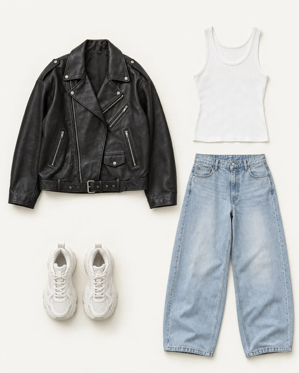 An illustrative still life: an oversized black leather biker jacket, a white ribbed tank top, light-wash baggy jeans and chunky white sneakers.